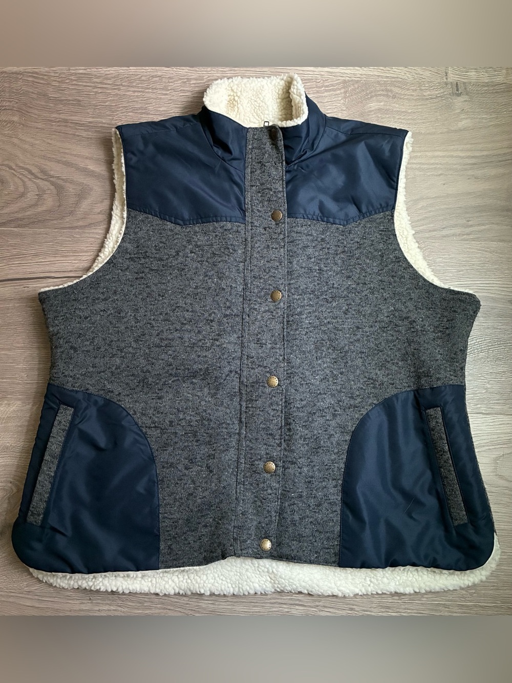 Orvis Men's XL Sherpa Lined Snap Front Vest Gray Navy Stand Collar Pockets